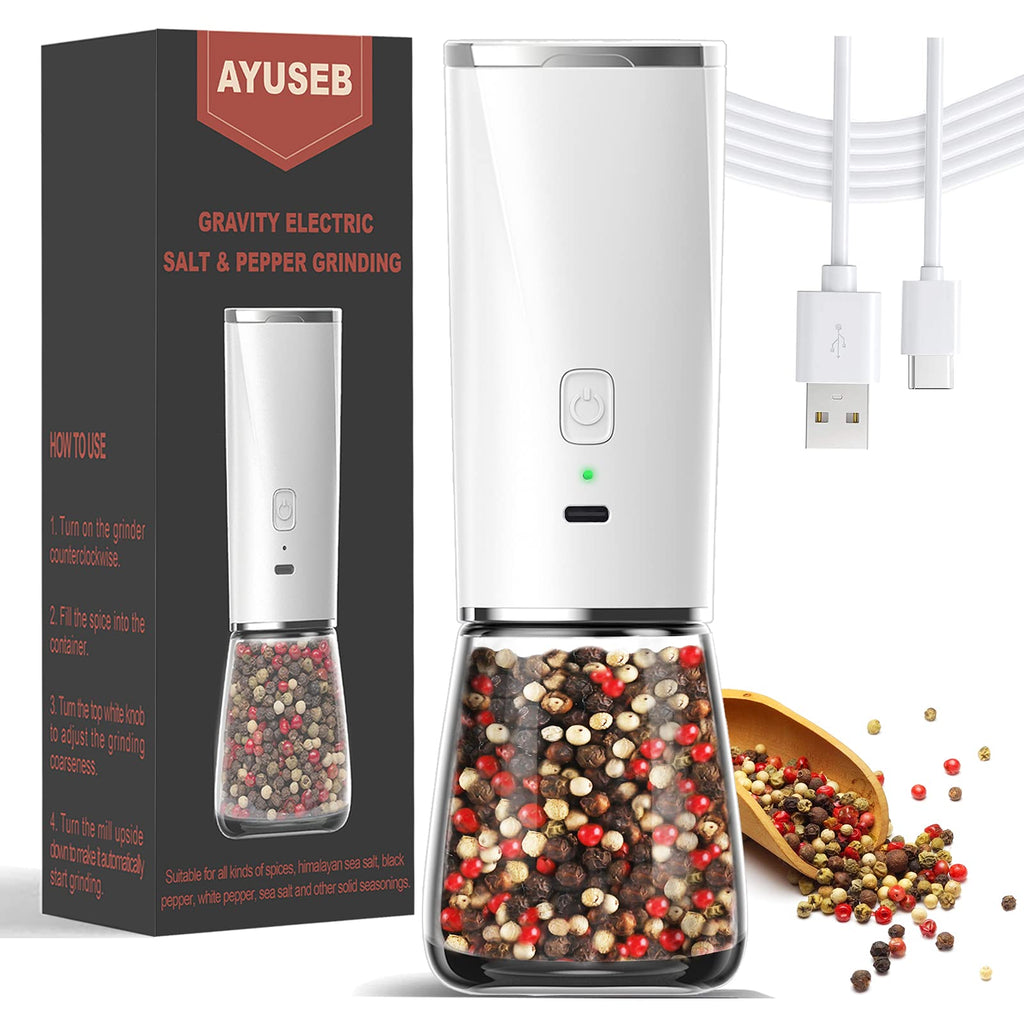 [Australia - AusPower] - AYUSEB New Rechargeable Electric Salt & Pepper Grinder - Automatic Gravity Mill - Adjustable Coarseness Knob Shaker - Large Refillable Glass, ABS Grind, Dust Cover - 170ML High Capacity 1 