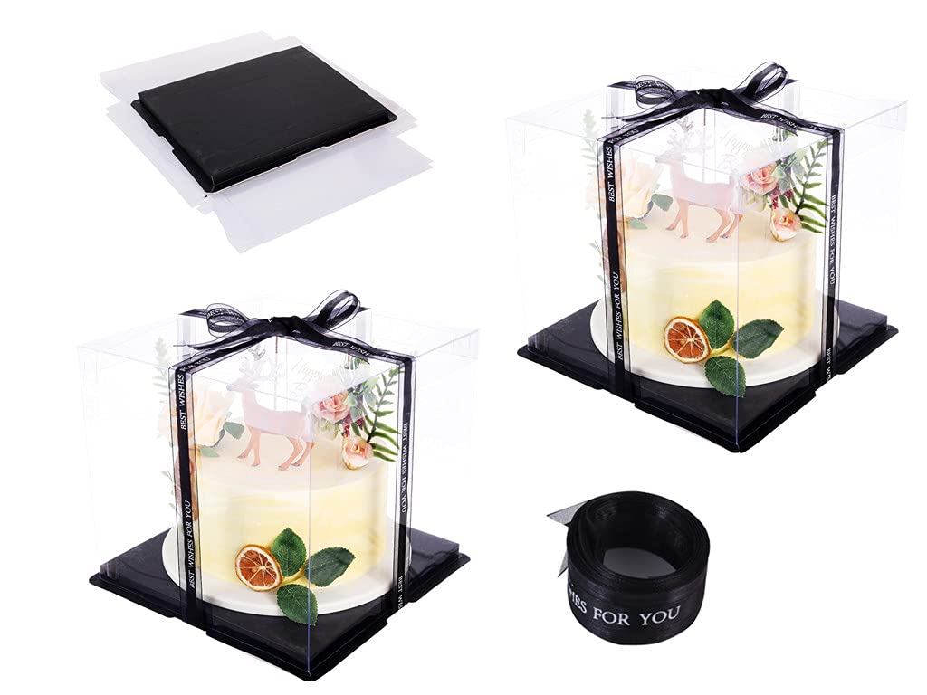 [Australia - AusPower] - 2 Pack Clear Tall Cake Boxes, 10" X 10" X 9" Transparent Cake Boxes of Bakery, Plastic Tier Clear Cake Carriers with Lid and Ribbon for Birthday Party Anniversary Wedding Gift Display-Black 