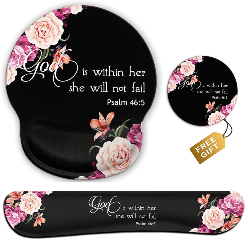 [Australia - AusPower] - Keyboard Wrist Rest Pad and Ergonomic Mouse Pad Wrist Support Set for Computer, Gaming , Office, Pain Relief + Coasters，Peony Flower Psalm 46:5 God is Within Her, She Will Not Fall Fd-wristrest-3 
