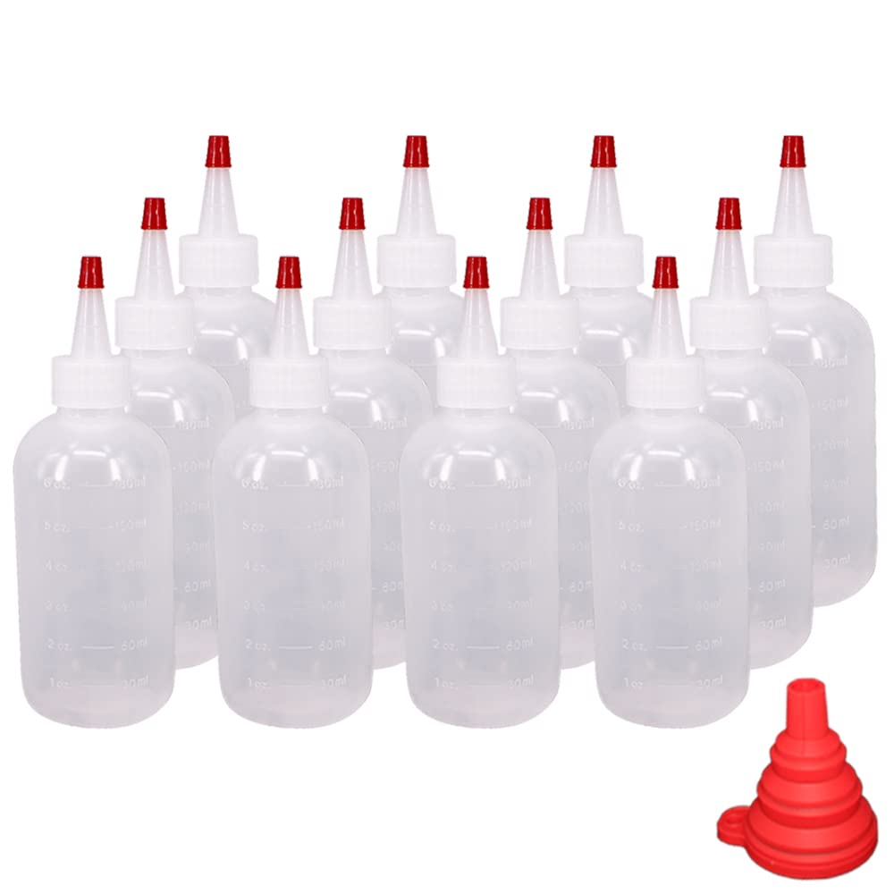 [Australia - AusPower] - Belinlen 12 Pack 6-Ounce Plastic Squeeze Bottles with 12pcs Red Tip Caps and Measurement - Good for Crafts, Art, Glue, Multi Purpose Set of 12 with 1 Red Funnel 6oz 12pack 