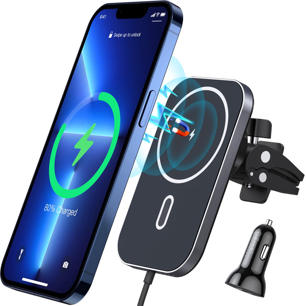 [Australia - AusPower] - Magnetic Wireless Car Charger for iPhone 13/12-360° Adjustable Auto Alignment Air Vent Magnetic Phone Car Mount Holder Charger Compatible with-MagSafe iPhone 13/12 Pro Max Mini（with PD Car Adapter） 