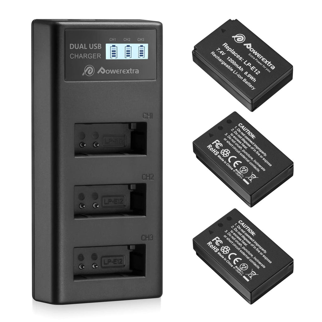 [Australia - AusPower] - Powerextra 3 Pack LP E12 Replacement Compatible with Canon LP-E12 Battery and USB Charger Smart LCD Display for Canon SX70 HS Rebel SL1 EOS-M EOS M2 EOS M10 EOS M50 EOS M100 PowerShot SX70 HS Cameras 