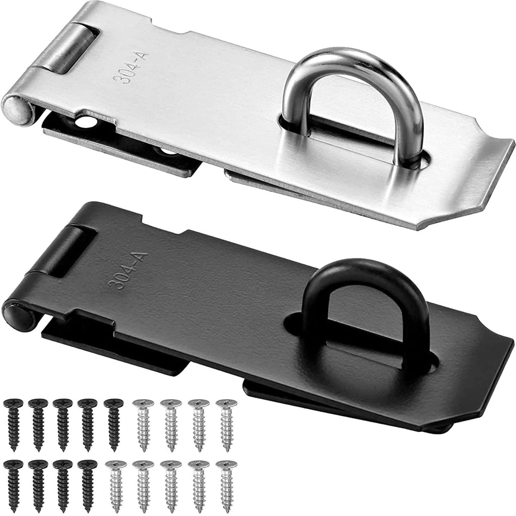 [Australia - AusPower] - 2 Pack Door Locks Hasp Latch, 304 Stainless Steel Padlock Hasp Latch Lock, 4 inch Hasps for Padlocks, Padlock Latch Polished Brushed Surface Extra Thick Gate Lock Hasp with Screws (Silver and Black) 