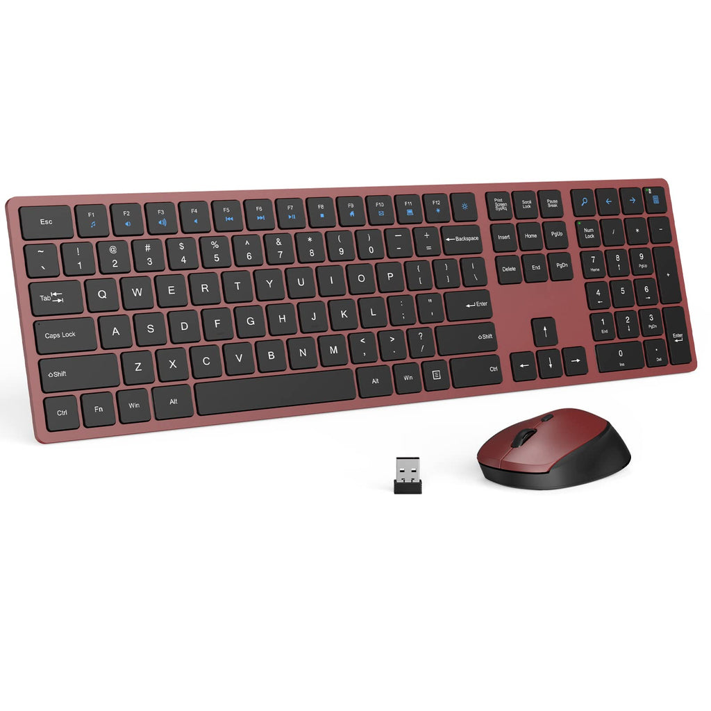 [Australia - AusPower] - Wireless Mouse and Keyboard, Deeliva 2.4G Wireless Mouse and Keyboard Combo Full Size with Shortcut Keys and Number Pad Quiet Silent Slim Cordless Keyboard Mouse for Mac, Laptop, Computer (Wine Red) Wine Red Keyboard and Mouse Wireless 