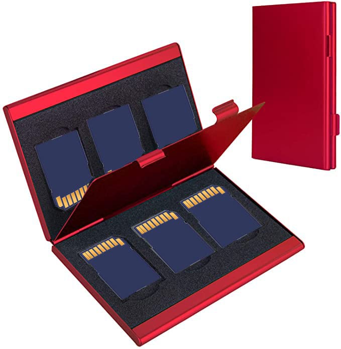 [Australia - AusPower] - 6 Slots Aluminum Memory Card Storage Box Sd Card Case Holder Carrying Case for Sandisk/Kingston/Transcend/Samsung/iPhone Sd Micro Sd T-Flash Card ，Without Card[Red Color] 
