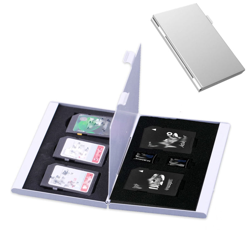 [Australia - AusPower] - Portable Aluminum Memory Card case SD Card Case, TF Memory Card Holder Case Aluminum Alloy Hard Shell, Double-Layer Capacity Black Skin and Soft EVA Foam Insert for Good Protection, Silver (7 Slots ) 
