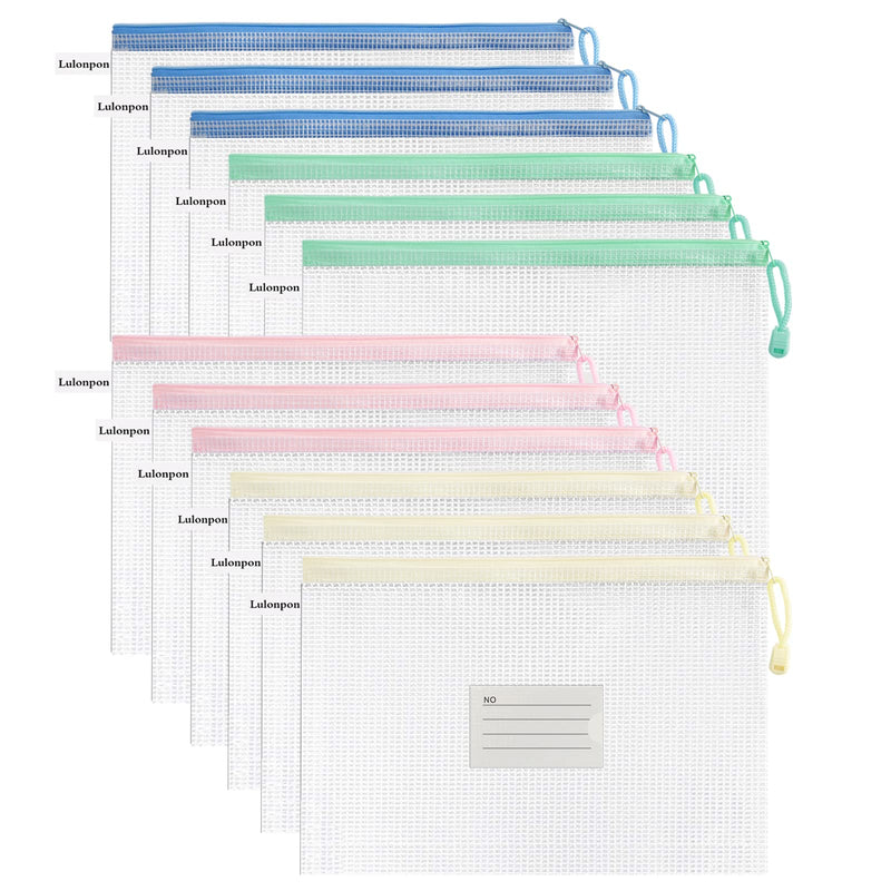 [Australia - AusPower] - Lulonpon 12 Pieces A3 Mesh Zipper Pouch Document Bags with Label, 4 Color Zipper Bags, Each Color 3PCS, for Office, Home and Business Travel (MixedColor, A3(16.7x12.2in)) Mixedcolor A3(16.7x12.2in) 