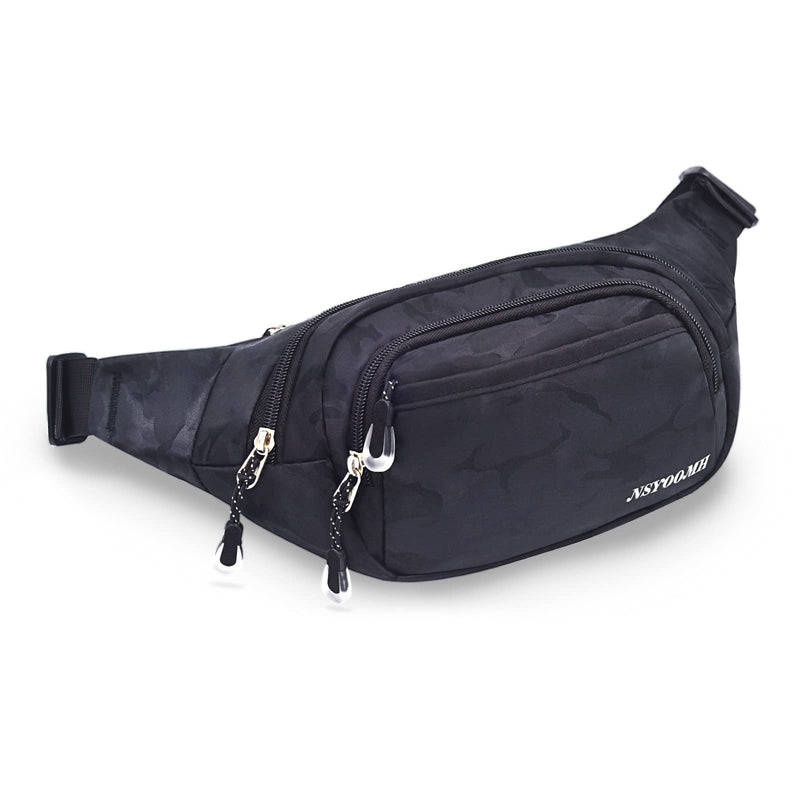 [Australia - AusPower] - NSYOOMH Large Fanny Pack for Women & Men, 5-Zipper Pockets Water Resistant Practical Waist Bag, for Outdoor Running Cycling Sports Travel Hiking Fishing Fashion Camo Black Belt Bags 