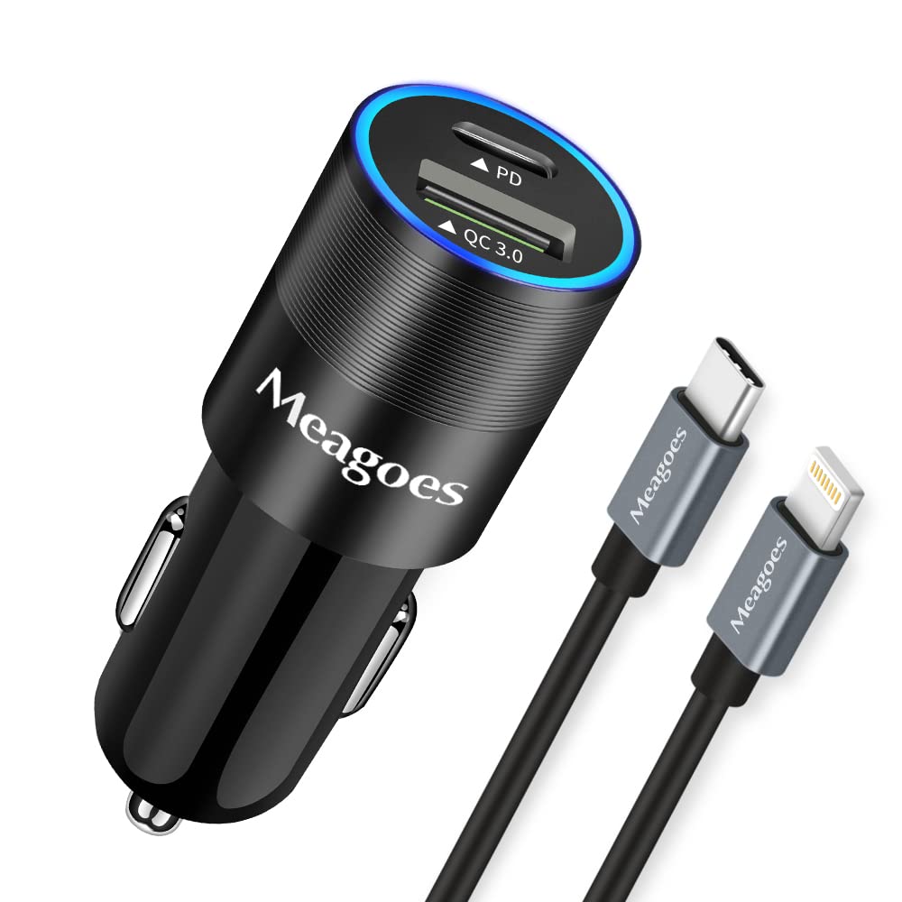 [Australia - AusPower] - Fast USB C Car Charger, Meagoes Dual Rapid Charging Port Adapter with 20W PD&QC3.0, Compatible for iPhone 13 Pro/Max/Mini/12/11/Max/Pro/X/8/AirPod - 3.3ft Apple MFi Certified Type C to Lightning Cable 