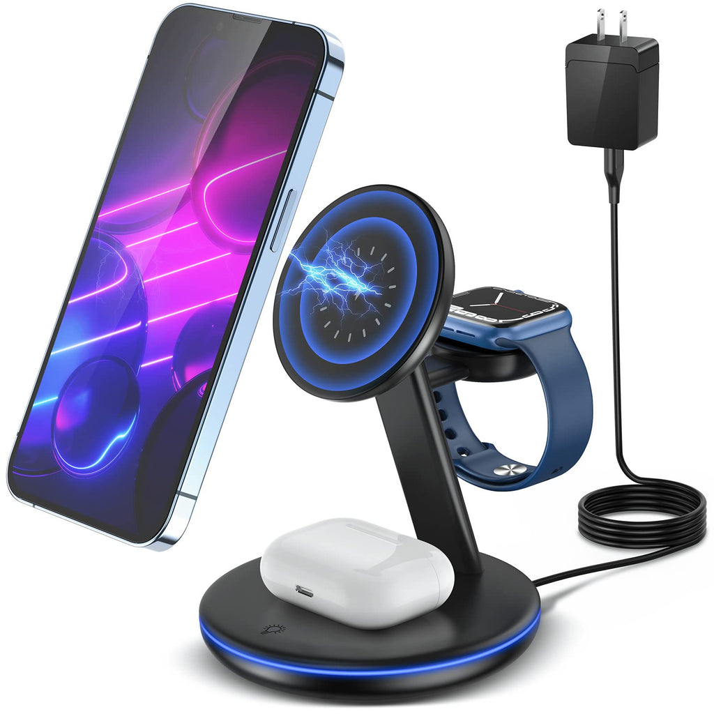 [Australia - AusPower] - Magnetic Wireless Charging Station for Apple Series, 3-in-1 Standard 15W Fast Mag-Safe Charger Stand with QC3.0 Adapter, for iPhone 13,12 Pro Max/Pro/Mini, iWatch 7/6/SE/5/4/3/2, AirPods… Black 