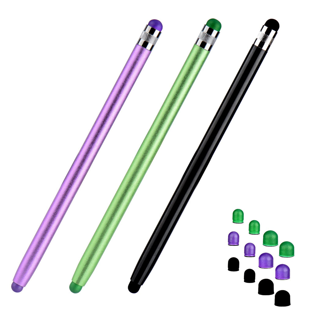 [Australia - AusPower] - Liromna Stylus Pens for Touch Screens (3 Pcs), 2 in 1 Tips Sensitivity Stylus with 12 Replaceable Tips for iPad iPhone Tablets Samsung Galaxy All Universal Touch Screen Devices Black/Green/Purple 