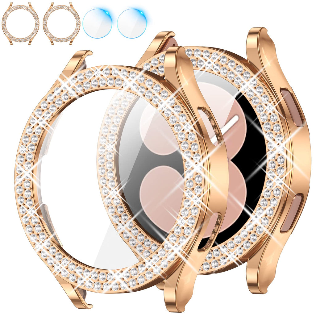 [Australia - AusPower] - [ 2+2 Pack ] Goton for Samsung Galaxy Watch 4 Screen Protector and case 40mm, Bling PC Diamonds Cover Bumper with Tempered Glass Film for Women Girl Rosegold+Rosegold/Screen protector x 2 for galaxy watch 4 40mm 