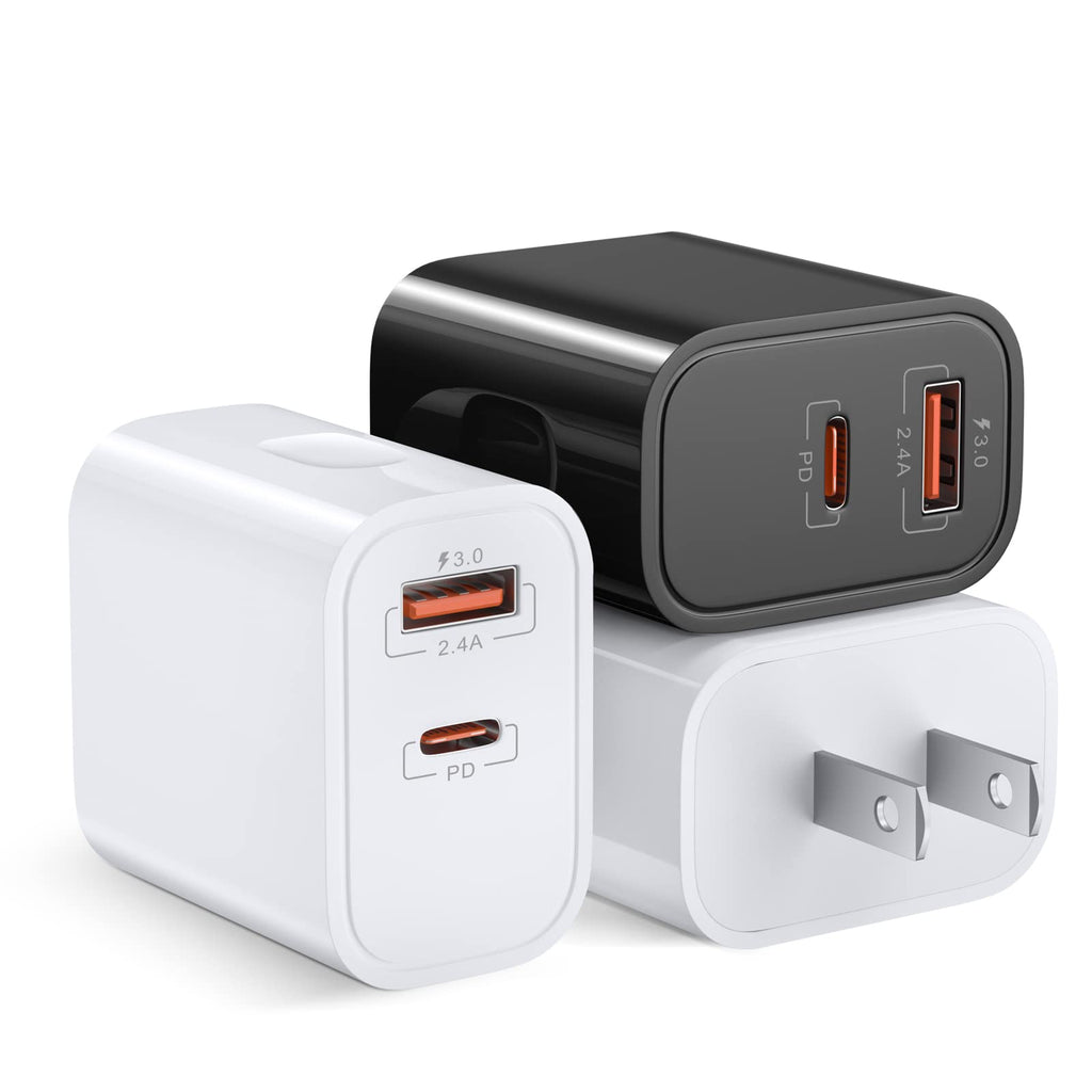 [Australia - AusPower] - USB C Wall Charger, 20W Dual Port PD Charger + Quick Charge 3.0 Type C Fast Charging Block for iPhone 13 Pro Max/12/11/XR/Pad/AirPods Pro, Galaxy S21/Note20/S9/S8/S7,Pixel (3Pack,Black&White) Black White White 
