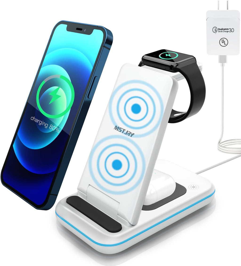 [Australia - AusPower] - Wireless Charging Station, MSTJRY 3 in 1 Wireless Charger Station for Apple Products Multiple Devices Compatible with iPhone Airpods iWatch S7/SE/6/5/4/3/2 UL Certified Power Adapter Included White 