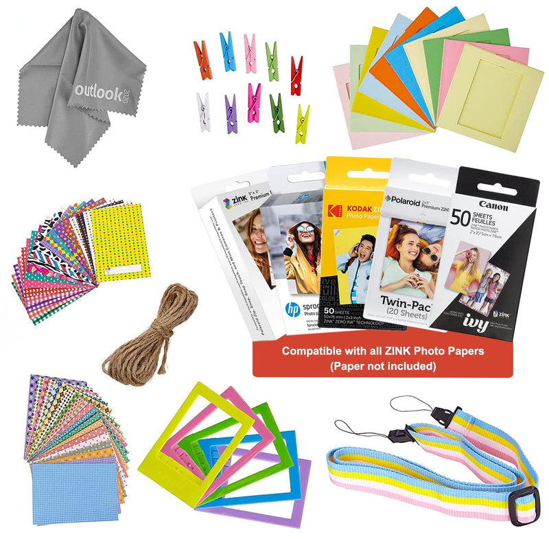 [Australia - AusPower] - Zink 2x3 Photo Paper Fun Accesory Kit, 60 Sticker Frames + 5 Plastic Desk Frames + 10 Paper Frames + Micro-Fiber Cloth + Carry Strap (Rainbow-Colored) 