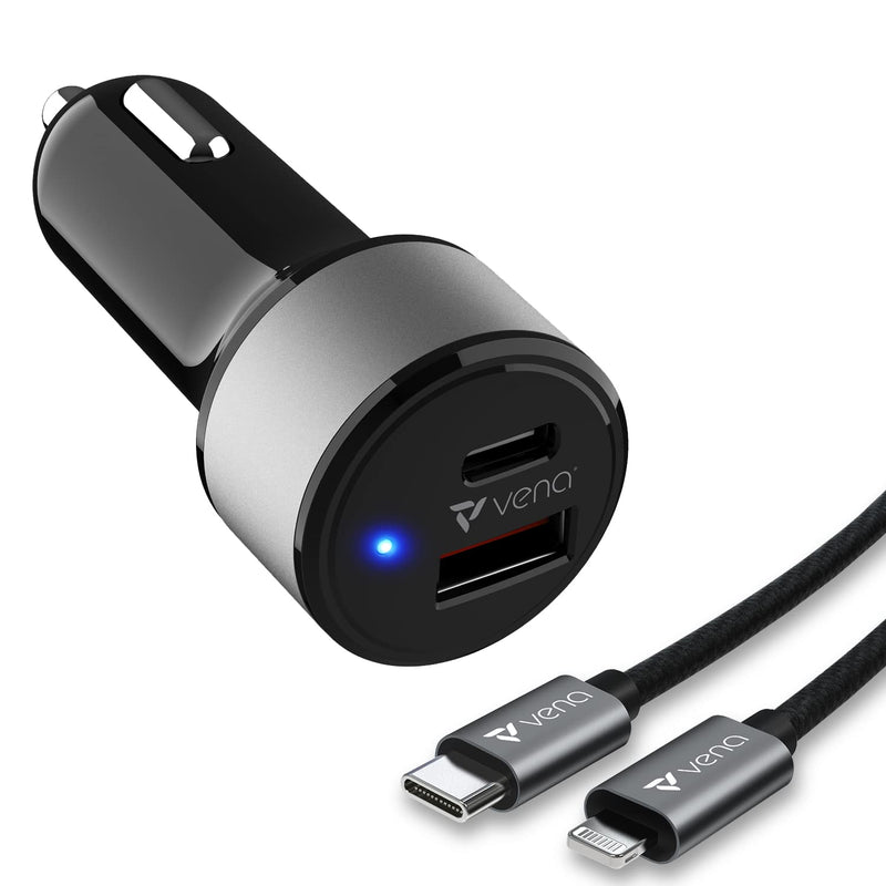 [Australia - AusPower] - Vena 30W USB C Car Charger with (MFI Certified) Lightning Cable - 3FT, (Power Delivery 3.0, 2.5X Faster Speed) 2 Port PD 3.0 Fast Charging Charger Compatible with iPad, iPhone 13 12 11 Pro Max Mini 