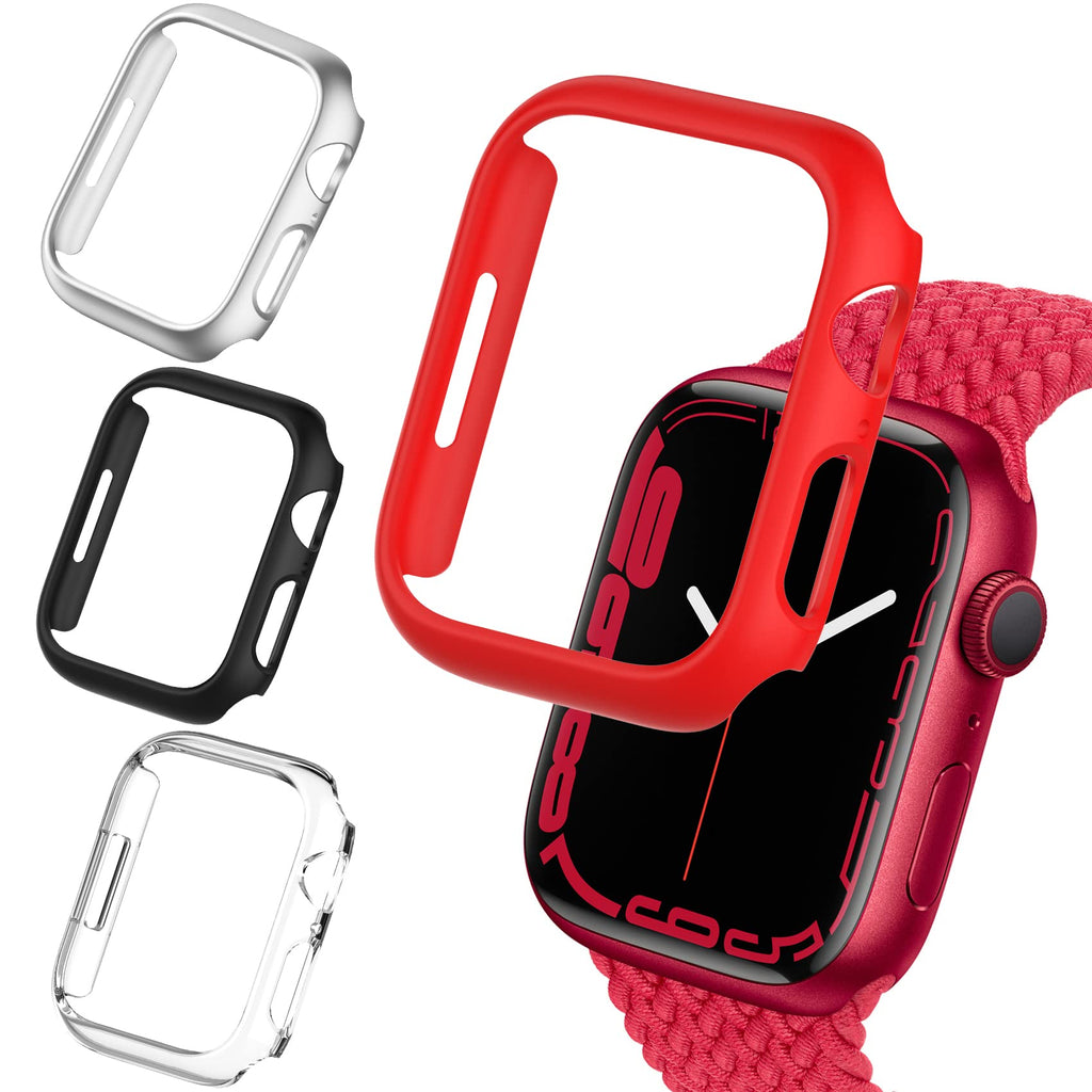 [Australia - AusPower] - 4 Pack Matte Case Compatible with Apple Watch 41mm Series 7, Fvlerz Hard PC Cover Bumper Frame [No Screen Protector] All-Around Protective Shockproof Shell iWatch Series 7 41mm Accessories Black+Silver+Clear+Red 41mm (for Series 7) 