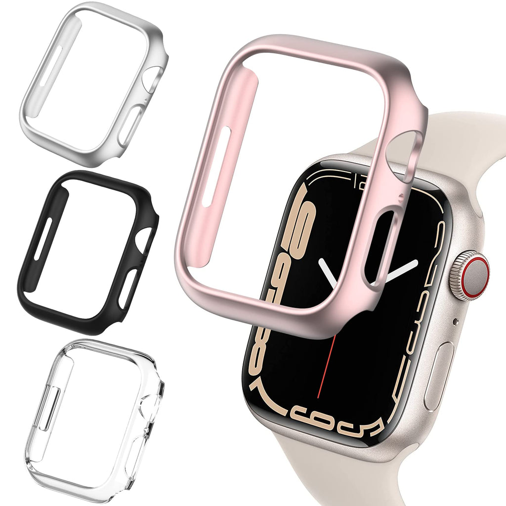 [Australia - AusPower] - 4 Pack Matte Case Compatible with Apple Watch 45mm Series 7, Fvlerz Hard PC Cover Bumper Frame [No Screen Protector] All-Around Protective Shockproof Shell iWatch Series 7 45mm Accessories Black+Silver+Clear+Rose Gold 45mm (for Series 7) 