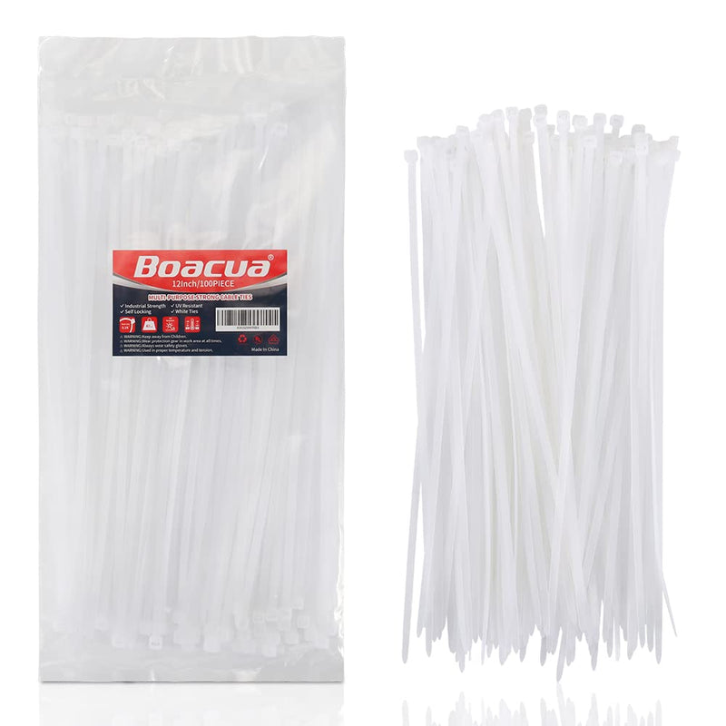 [Australia - AusPower] - 12 Inch Zip Cable Ties (100 Pieces), Self-Locking Premium Nylon Cable Wire Ties,Heavy Duty White, for Indoor and Outdoor by Boacua 12" (100 Pieces) 