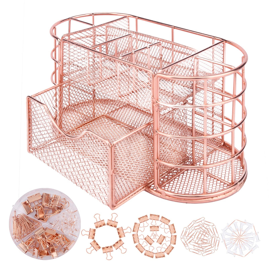 [Australia - AusPower] - Desk Organizer with 9 grids + 72 Accessories(Clips and Pins), Large Capacity Metal Mesh Pencil Holder Office Supplies Organization with Drawer, for Office, Home, School (Rose Gold) 