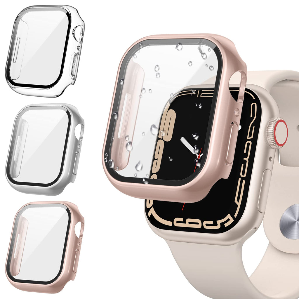 [Australia - AusPower] - [3Pack] Tensea for Apple Watch Screen Protector Case Series 7 41mm, iWatch Protective Face Cover, Tempered Glass Film Hard PC Bumper for Women Men, Ultra-Thin Guard (41 mm, Clear/Silver/Rose Gold) for 41mm Only 