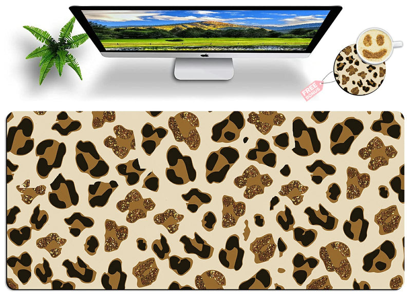 [Australia - AusPower] - Leopard Glitter Mouse Pad Large with Coaster, 35.4"x15.7" Full Desk Mousepad Stitched Edges Non Slip Base Desk Pad Extended Large Gaming XXL Mouse Pad for Desk Office Home XXL-35.4"x15.7"x0.12" Leopard Glitter 