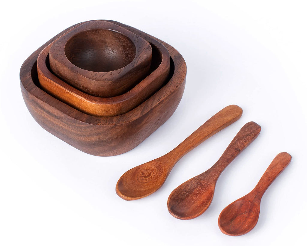 [Australia - AusPower] - Tiny Acacia Wood Nesting Square Set 3 Serving Bowl 3¾”, 2¾”, 2⅛” Small 3 Wooden Spoon Mix size Stackable little Dish for Prep Salt Pepper Mustard Wasabi Dip sauce Salsa Nut Tableware Wooden Nest Bowl 