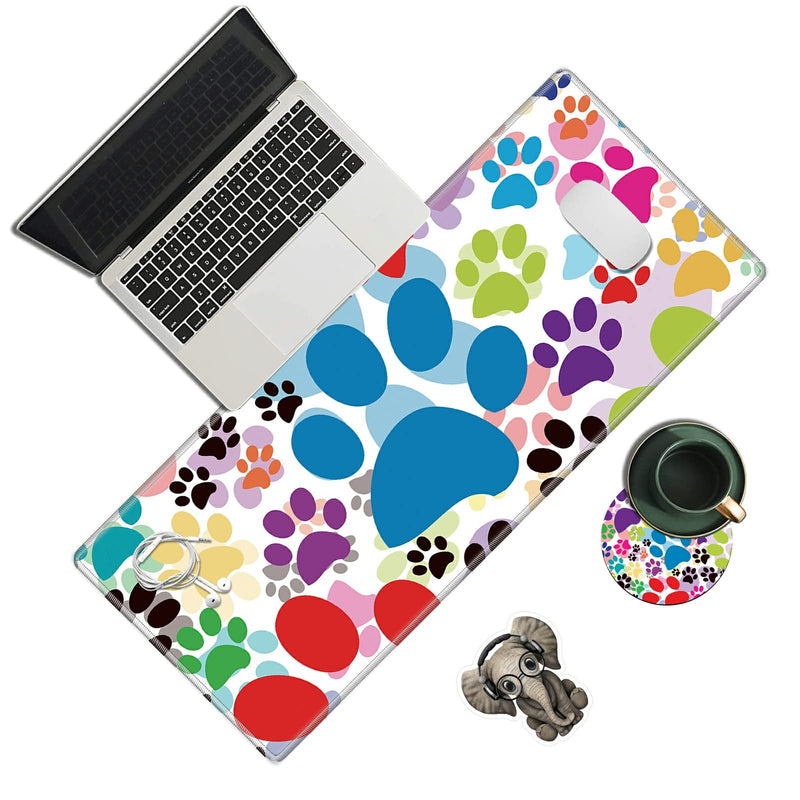 [Australia - AusPower] - Desk Pad, Dog Pawprint Multicolor Laptop Desk Mat,Long Large Gaming Mouse Pad with Stitched Edges Non-Slip Writing Mat Desk Blotter Protector for Office Home (with Coaster & Elephant Sticker) 