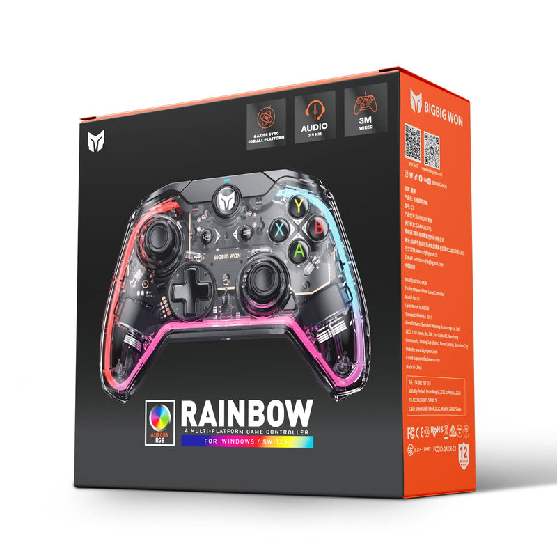 [Australia - AusPower] - Wired PC Controller, BIGBIG WON Rainbow Game Controller RGB Light, Motion Aim, Custom Buttons, Macro, Turbo, Dual Shock Wired Controller for Switch/Win10&11 Controller for PS5/PS4 via R90 Adapter-1pc 