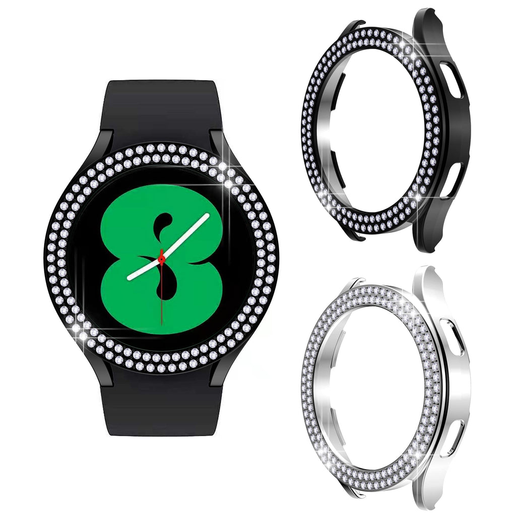 [Australia - AusPower] - [2-Pack] Protector Case Compatible with Samsung Galaxy Watch 4 44mm Cover, Double Row Bling Crystal Diamond Rhinestone Bumper PC Frame Accessories (Watch 4 44mm, Black+Silver) 