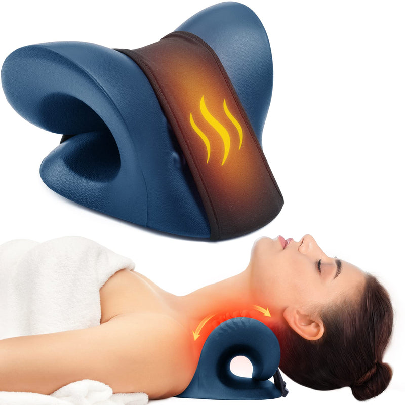 [Australia - AusPower] - Neck Stretcher for Neck Pain Relief, Heated Cervical Traction Device Pillow with Graphene Heating Pad, Neck and Shoulder Relaxer for TMJ Pain Relief and Cervical Spine Alignment(Dark Blue) Dark Blue 