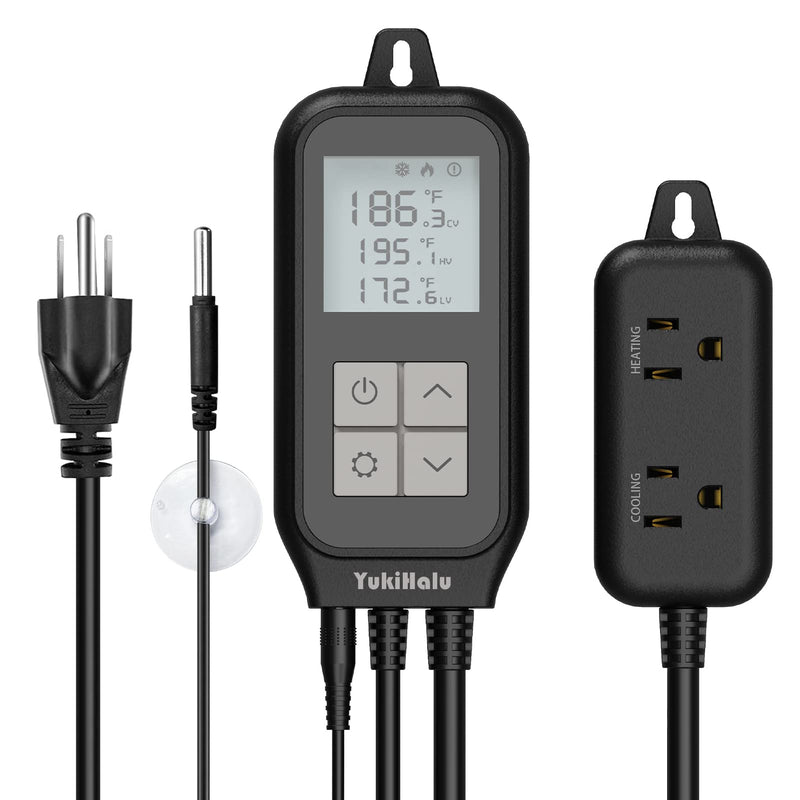 [Australia - AusPower] - YukiHalu Smart Digital Temperature Controller, 2-Outlet Thermostat with Heating and Cooling Modes, for Homebrew Fermentation Breeding Incubation Greenhouse, Reptile and Aquarium 