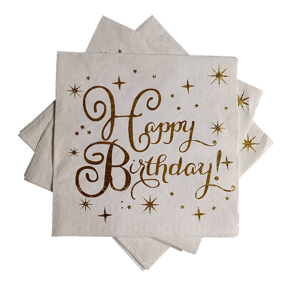 [Australia - AusPower] - Birthday Napkins Fobeone White and gold Happy Birthday Disposable Paper Napkins For Men Women Kids Birthday Party Supplies（2-ply, 6.5X6.5 in, 50 Count) 