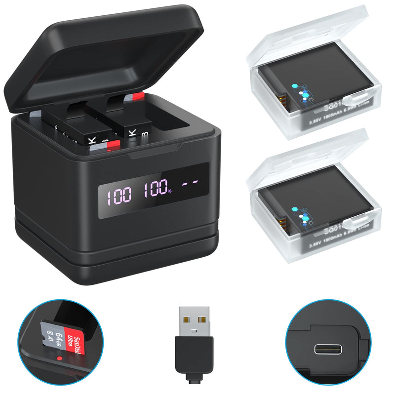 [Australia - AusPower] - FOOAO Flip Reader Box with 2 Pack Batteries and Fast Charger for GoPro Hero 8 Hero 7 Hero 6, USB and USB-C Fast Charger with High Speed Micro SD Card Reader and Battery Power Read Function 2 batteries 