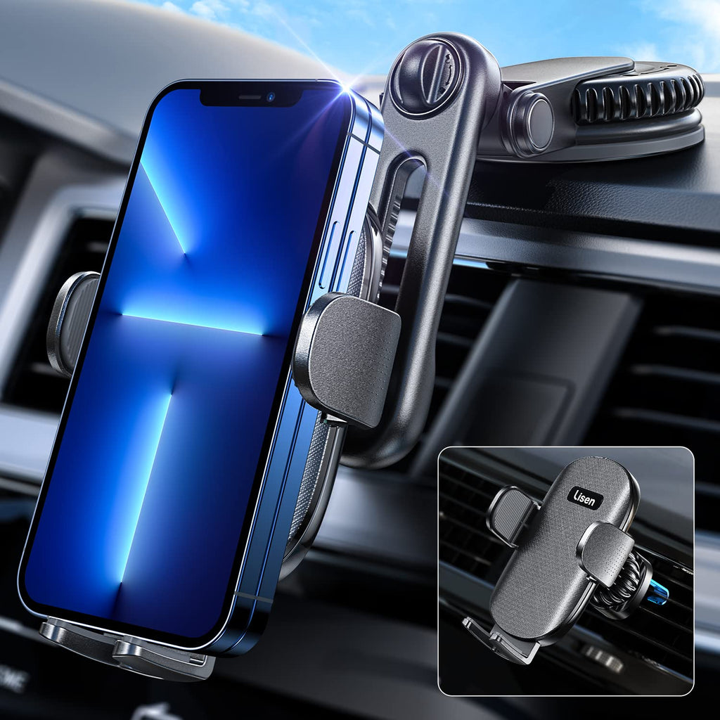 [Australia - AusPower] - LISEN Cell Phone Holder Mount for Car 2022 Upgrade Universal Solid & Stable 4 in 1 Car Phone Holder 2 Dash Pads Phone Holder for Car Dashboard Windshield Vent Fit All 4''-7'' iPhone Android 
