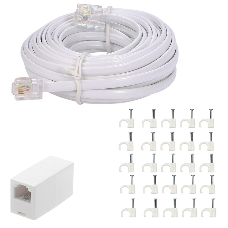 [Australia - AusPower] - 20 Feet Long Telephone Extension Cord Phone Cable Line Wire, with Standard RJ11 Plug and 1 in-Line Couplers and 25 Cable Clip Holders-White (20 Feet) 20 Feet 
