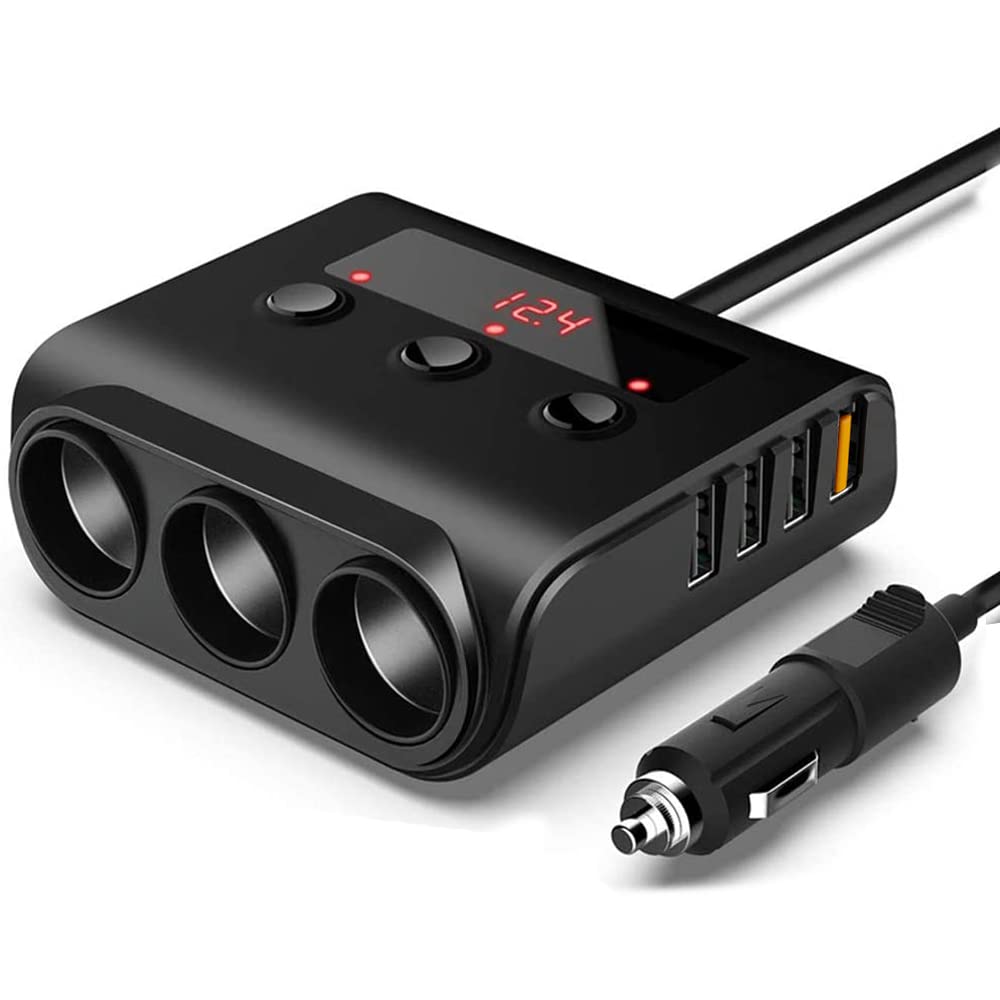 [Australia - AusPower] - GemCoo Cigarette Lighter Adapter, 100W 3 Sockets Power QC3.0 Cigarette Lighter Splitter with 4 USB Outlet On/Off Switches and Voltage Displayand & Replaceable 7A Fuse for GPS, Dash Cam 