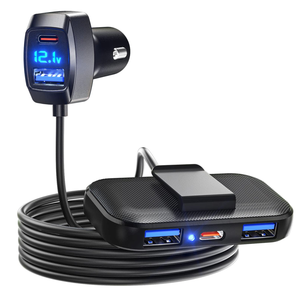 [Australia - AusPower] - 5 Multi Ports Type C Car Charger, LENCENT 31W USB C Charger Adapter, Compatible for Samsung, iPhone, iPad, Voltage Detection, Multiple Cigarette Lighter Adapter with 5FT Cable for Back Seat Charging 