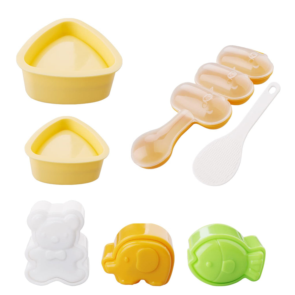 [Australia - AusPower] - 7Pcs Sushi Onigiri Mold, 2 Beige Triangle Sushi Mold 3 Animal Rice Mold 1 Shake Rice Ball Mold and 1 Rice Scoop for Home DIY Japanese Boxed Meal , Children Bento and Family Picnic 