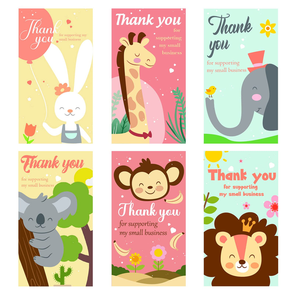 [Australia - AusPower] - 150Pcs Thank You for Supporting My Small Business Cards, Thank You Cards Small Business, 6 Styles Mini Thank You Cards Customer Appreciation Cards for Retailers Owners 2x3.5Inch (Cute Animal) Colorful Cute Animal 