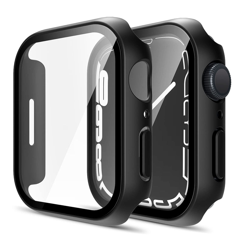 [Australia - AusPower] - TAURI 2 Pack Hard Case Compatible for Apple Watch Series 7 45mm Built in 9H Tempered Glass Screen Protector Slim Bumper Touch Sensitive Full Protective Cover for iWatch 45mm-Black Black 45 MM 