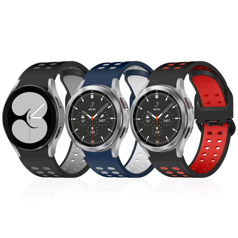 [Australia - AusPower] - 3 Pack No Gap Bands Compatible with Samsung Galaxy Watch 4 Band 40mm 44mm/ Galaxy Watch 4 Classic Band 42mm 46mm, 20mm Double Row Breathable Adjustable Sport Watch Replacement Band for Women Men(RBW) Black Gray/Black Red/Blue White 