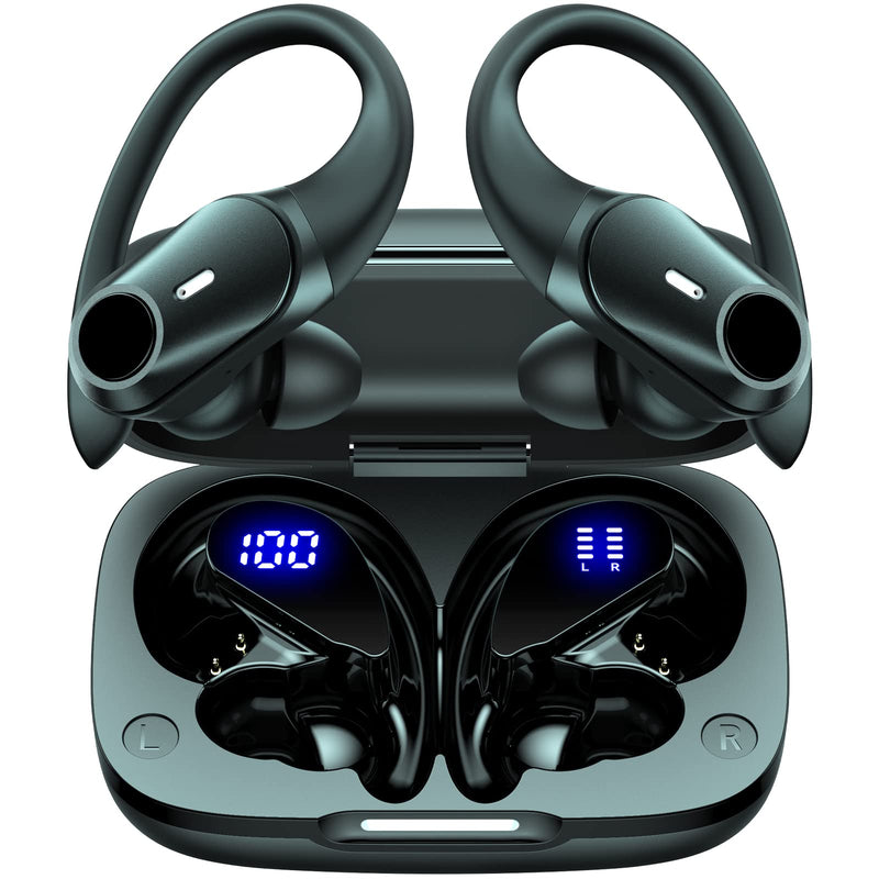 [Australia - AusPower] - GOLREX Bluetooth Headphones Wireless Earbuds with Wireless Charging Case & Dual LED Battery Display 36Hrs Playback Over-Ear Waterproof Earphones with Earhooks Headset Built-in Mic for Sport Black 
