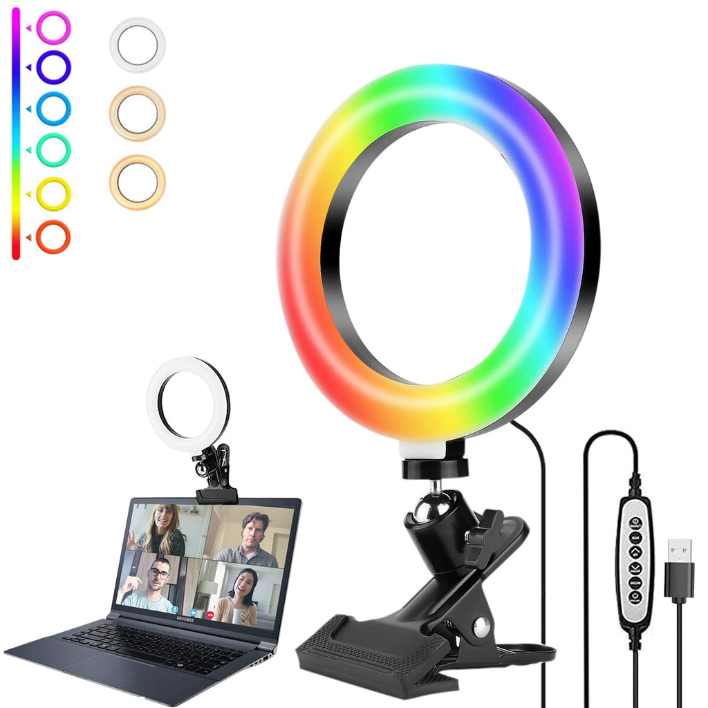 [Australia - AusPower] - Ring Light, Video Conference Lighting Kit, 6” Led Selfie Ring Light, Dimmable RGB Ring Lights with Clip, 33 RGB Variations & 10 Brightness Level for Remote Working/Live Streaming/YouTube Video/TikTok 