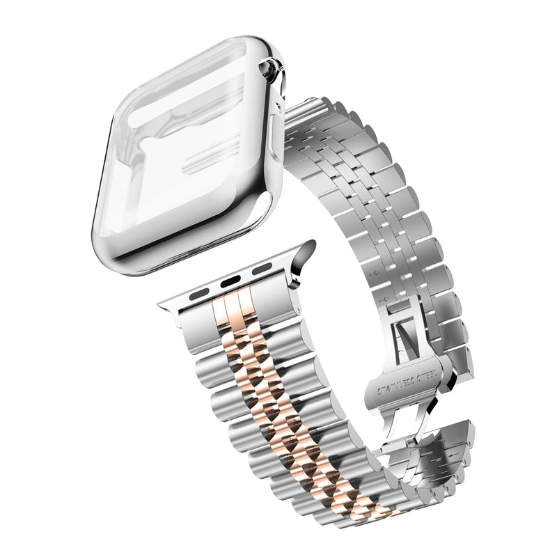 [Australia - AusPower] - baozai Metal Band with Case Compatible with Apple Watch 40/41/44/45mm, Soft Screen Protector Case with Stainless Steel Band for Apple Watch Series 7/6/5/4/SE Silver/Rose Gold 45mm(6.7''-8.85) 