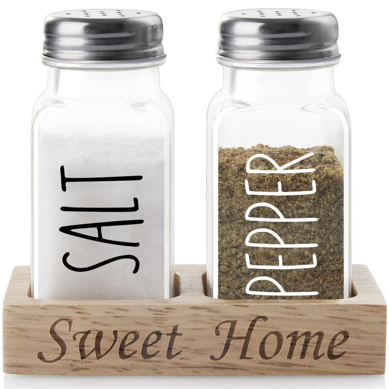 [Australia - AusPower] - Farmhouse Salt and Pepper Shakers with Holder - Dopeca Glass Salt and Pepper Set with Wood Tray for Kitchen Counter or Table - Farmhouse Rustic Kitchen Decor and Gifts - Easy Refilling-2.7 oz Clear 