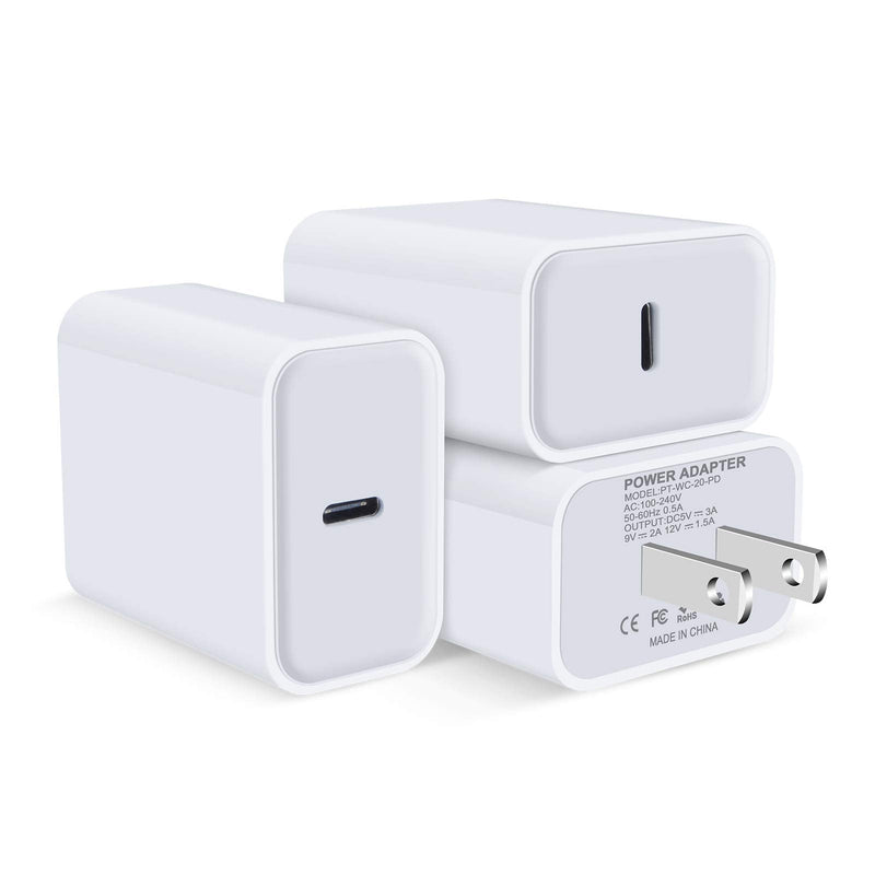 [Australia - AusPower] - Fast Charging USB C Wall Charger for iPhone 13/13 Pro/13 Pro Max/12/12 Pro Max/12 Mini, 3Pack 20W PD 3.0 Rapid Adapter Type C Charging Block USB C Box Cube Plug for iPhone 11 Pro Max SE XR XR XS X 8 White 