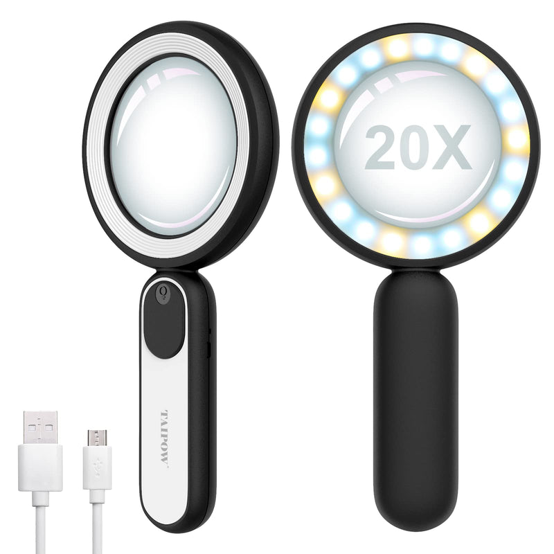 [Australia - AusPower] - Magnifying Glass with Light, Taipow Rechargeable Ultra Bright Handheld Magnifier 21 LEDs 20x Optical Magnifying Elderly Gift for Seniors Reading - Black Black 