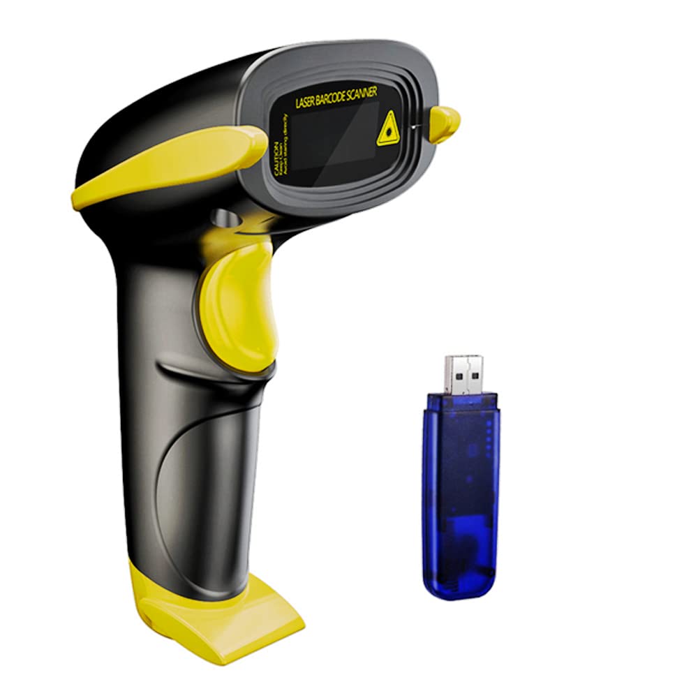 [Australia - AusPower] - NADAMOO Wireless Barcode Scanner 328 Feet Transmission Distance USB Cordless 1D Laser Automatic Barcode Reader Handhold Bar Code Scanner with USB Receiver for Store, Supermarket, Warehouse - Yellow 