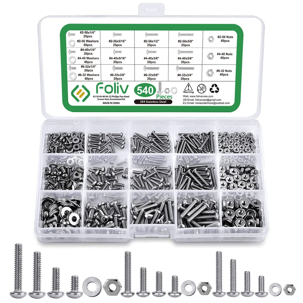 [Australia - AusPower] - Phillips Pan Head Screws, FOLIV 540PCS #2-56#4-40#6-32 SAE Bolts Nuts Flat Washers 304 Stainless Steel Machine Screws Assortment Kit with Wrench and Storage Case 